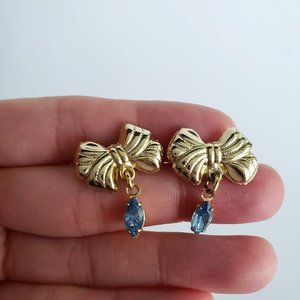 VTG Gold Toned Bow Aquamarine Blue Sapphire Dangle Earrings